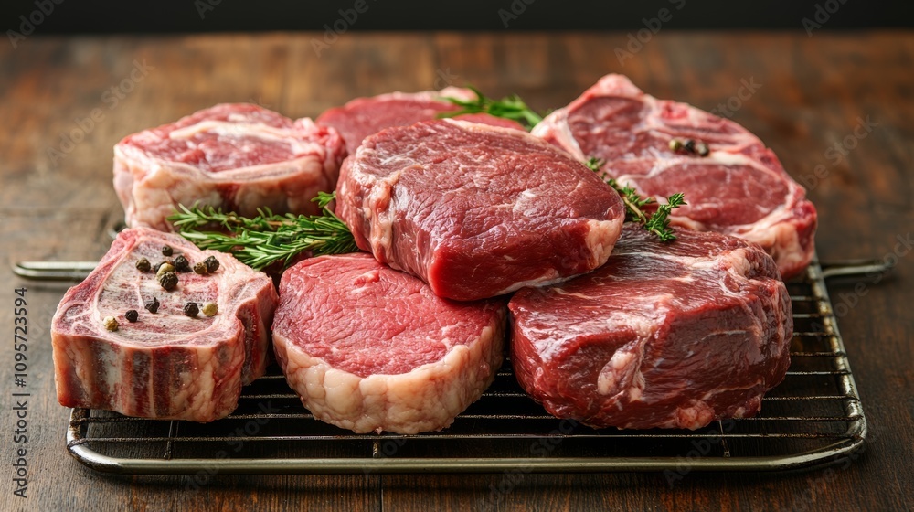 Selection of fresh meat cuts arranged on a metal rack ready for preparation or cooking Selection of fresh meat cuts arranged on a metal rack ready for preparation or cooking