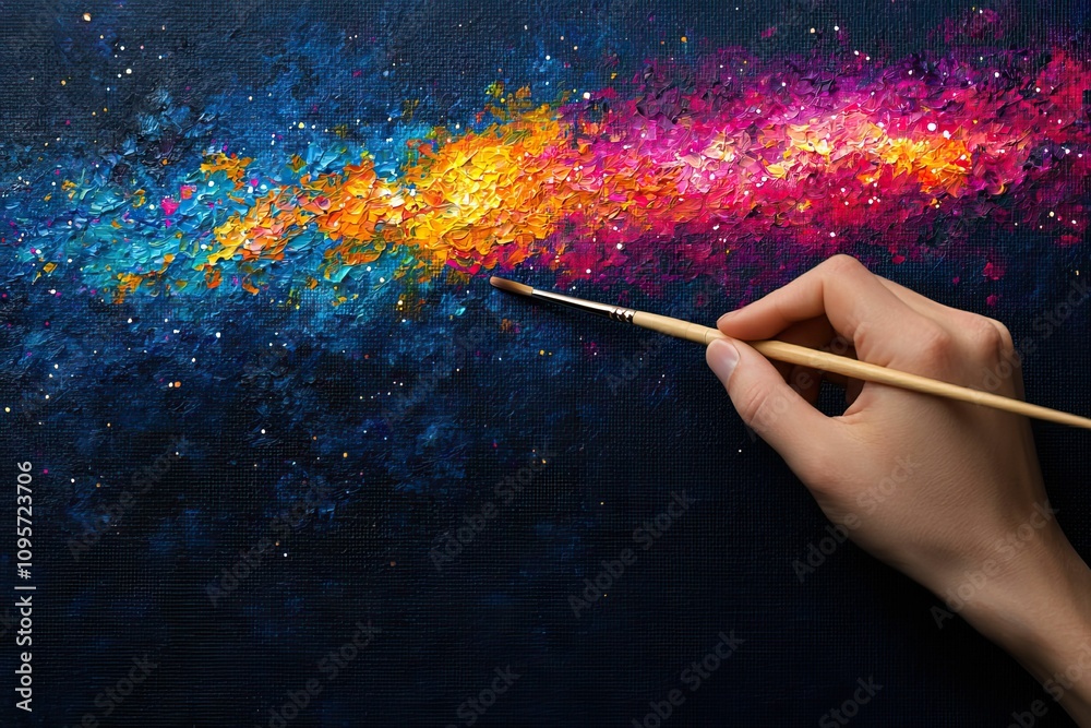 Fototapeta premium Confused emotion and complex, A hand paints a vibrant galaxy scene filled with swirling colors of blue, orange, and pink on a dark canvas, showcasing artistic creativity.