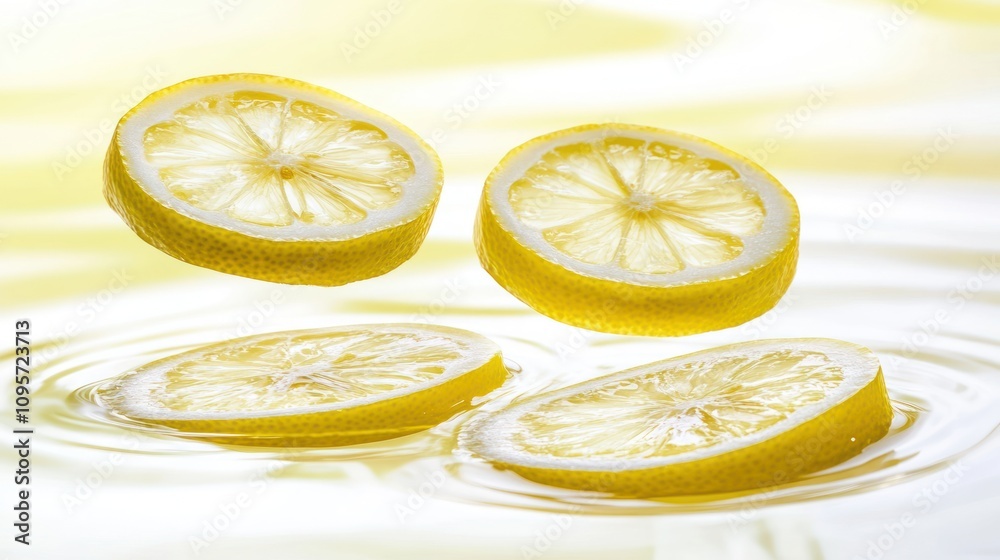 Four lemon slices floating in water, creating a refreshing and vibrant visual effect.