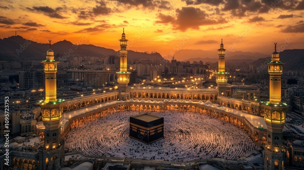 Fototapeta premium Wide view of the Grand Mosque in Makkah with the Kaaba at the center, majestic architecture, evening glow, bustling crowd of worshippers, dramatic skies