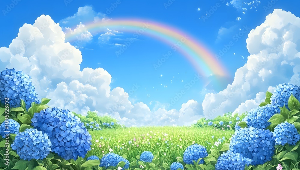 Enchanted Garden with Rainbow and Hydrangeas in Anime Art Style
Enchanted Garden with Rainbow and Hydrangeas in Anime Art Style