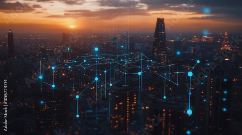 Smart digital Innovation city with connection network reciprocity over the cityscape. of future smart wireless digital city and social media networking systems that connects people with in city