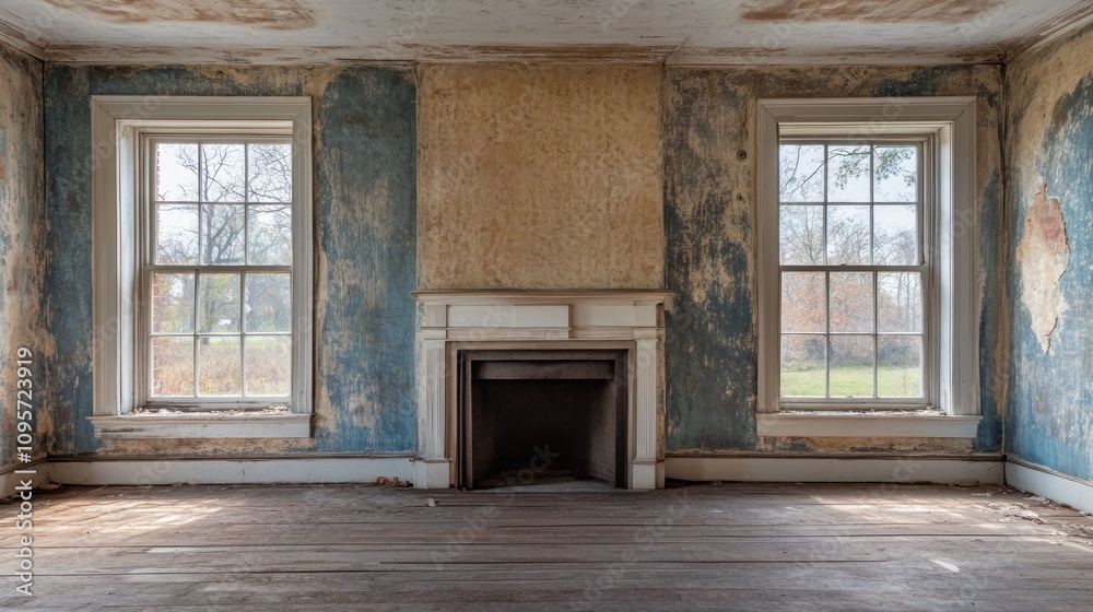 An empty, weathered room with peeling blue walls and a simple fireplace. An empty, weathered room with peeling blue walls and a simple fireplace.