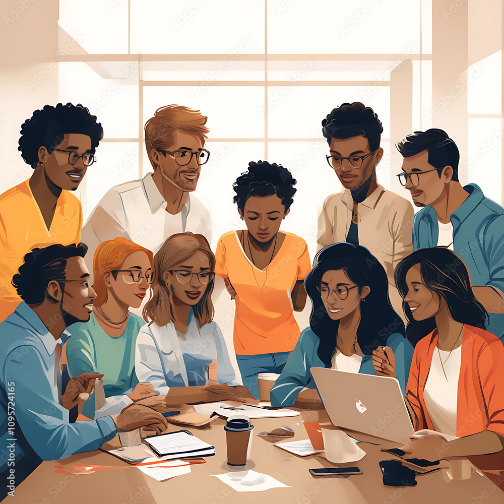 create an illustration of a group of diverse people gathered around a table they should be engaged create an illustration of a group of diverse people gathered around a table they should be engaged