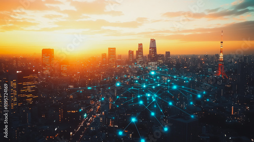 Smart digital Innovation city with connection network reciprocity over the cityscape. of future smart wireless digital city and social media networking systems that connects people with in city