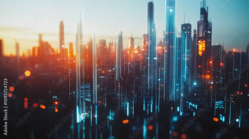 Smart digital Innovation city with connection network reciprocity over the cityscape. of future smart wireless digital city and social media networking systems that connects people with in city Smart digital Innovation city with connection network reciprocity over the cityscape. of future smart wireless digital city and social media networking systems that connects people with in city