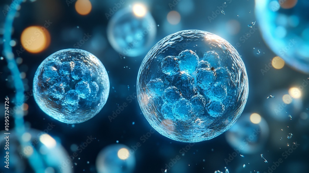 Blue Dreamy Stem Cell Background Featuring DNA Double Helix Structure with a Futuristic Technological Aesthetic Blue Dreamy Stem Cell Background Featuring DNA Double Helix Structure with a Futuristic Technological Aesthetic