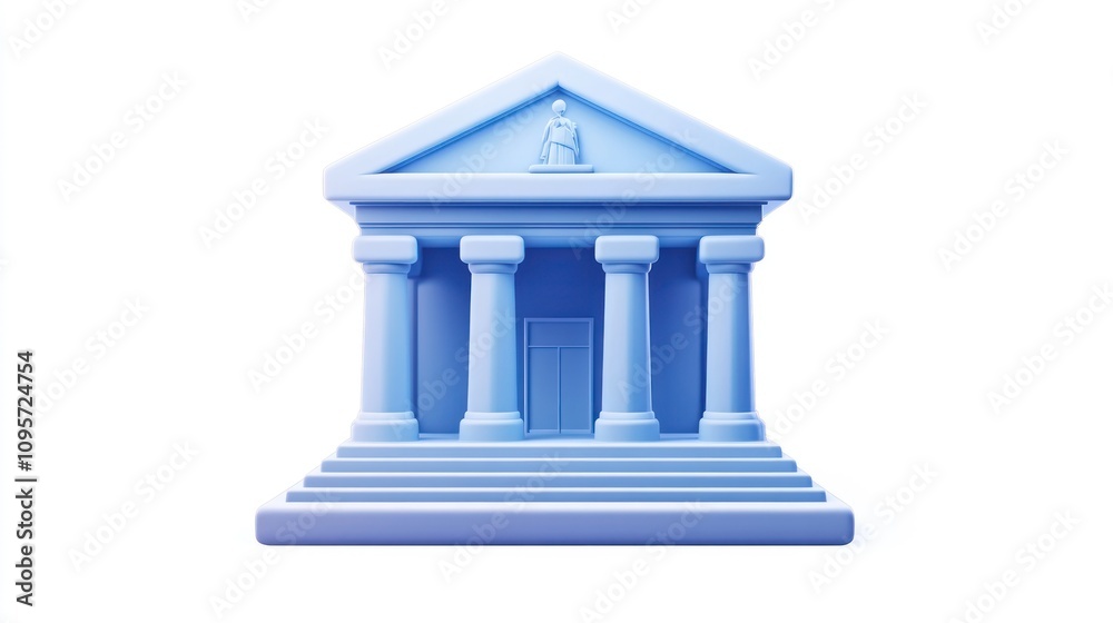 A stylized blue building resembling a classical structure with columns and a pediment. A stylized blue building resembling a classical structure with columns and a pediment.