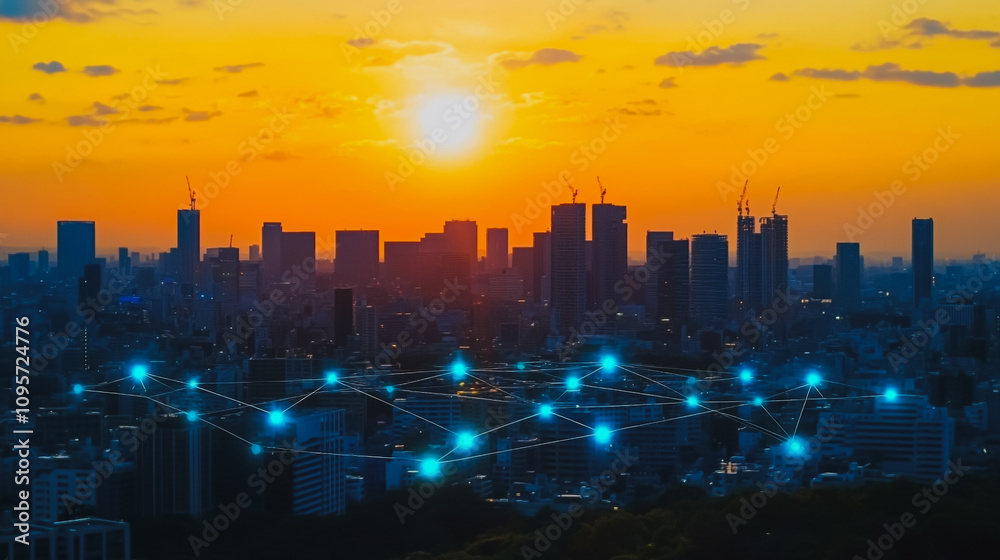 Fototapeta premium Smart digital Innovation city with connection network reciprocity over the cityscape. of future smart wireless digital city and social media networking systems that connects people with in city