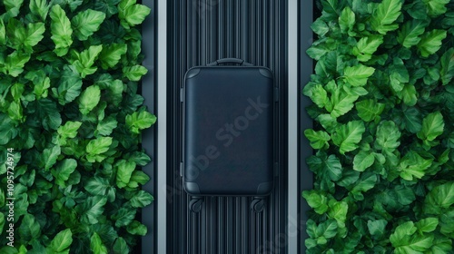 A sleek black case is centered on a backdrop of lush green foliage, creating a striking contrast between technology and nature.