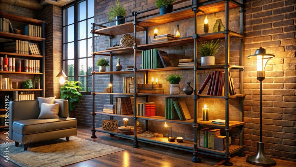 Stylish Metal Pipe Bookshelf in an Industrial Living Room, Night Photography, Cozy Decor, Books and Accessories, Modern Design, Interior Aesthetics, Warm Lighting, Contemporary Style Stylish Metal Pipe Bookshelf in an Industrial Living Room, Night Photography, Cozy Decor, Books and Accessories, Modern Design, Interior Aesthetics, Warm Lighting, Contemporary Style