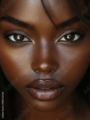 Close-up of a dark-skinned woman's face, no makeup, skincare aesthetic, beauty photography. 