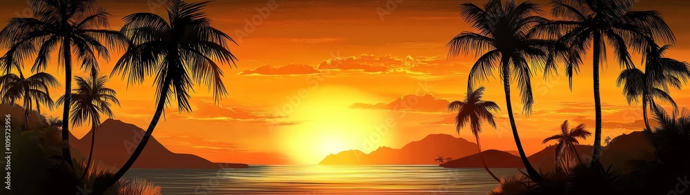 Serene landscape with palm trees framing a stunning sunset backdrop. Serene landscape with palm trees framing a stunning sunset backdrop.