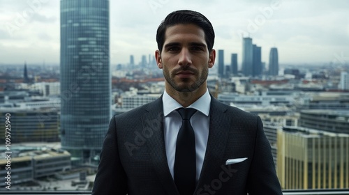 A well-dressed man stands confidently against a city skyline backdrop.