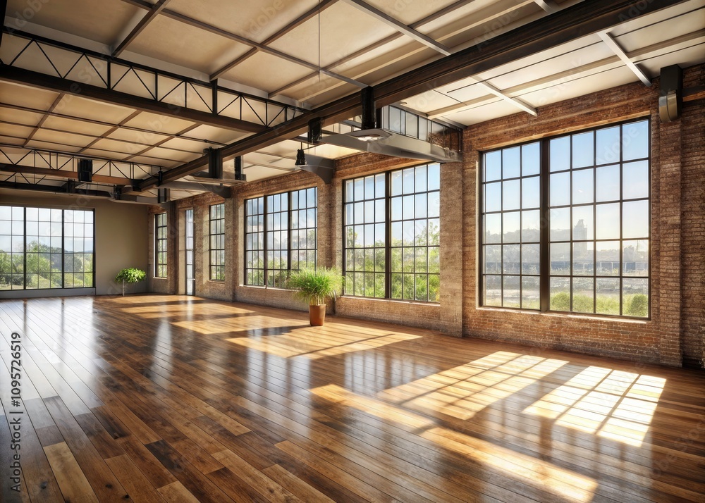 Spacious Empty Loft Room with Large Windows and Hardwood Floors for Product Photography Showcase Spacious Empty Loft Room with Large Windows and Hardwood Floors for Product Photography Showcase