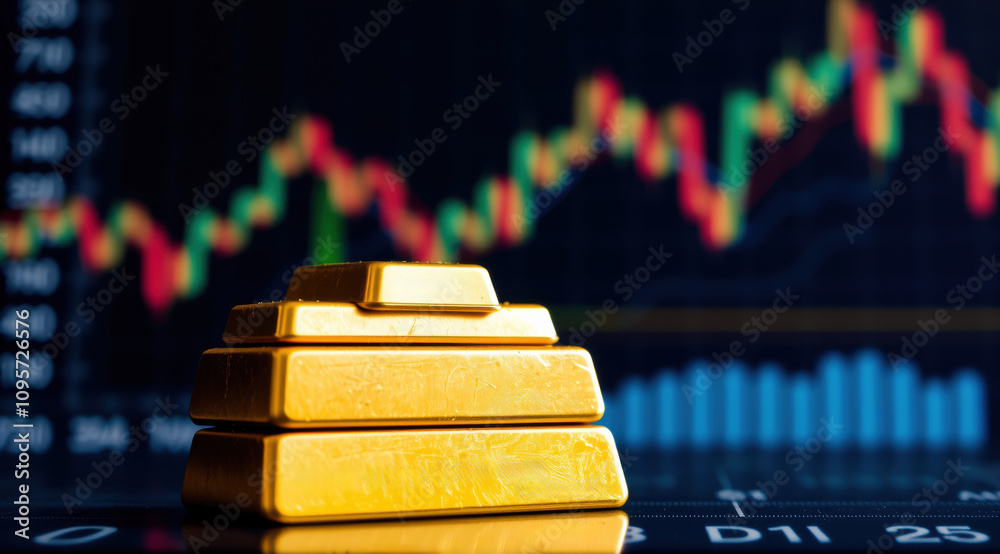 Gold bars stacked in front of financial chart, symbolizing wealth and investment. vibrant colors of graph highlight market trends Gold bars stacked in front of financial chart, symbolizing wealth and investment. vibrant colors of graph highlight market trends