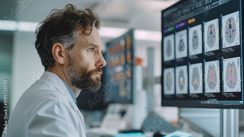 Doctor reviews brain scans on medical monitor, showing expertise in neurology and radiology