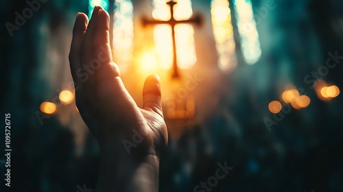 Reaching for Faith: A Hand Raised in Prayer within a Cathedral's Golden Light. AI Generated