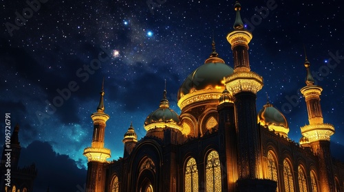 Night view of grand mosque, bright lighting, golden domes shining, clear starry sky above 