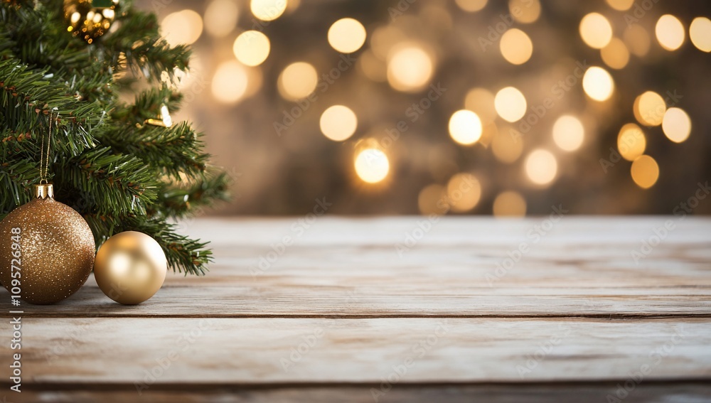 A festive scene with a Christmas tree and ornaments on a wooden table. A festive scene with a Christmas tree and ornaments on a wooden table.