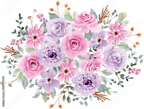 delicate purple pink floral watercolor bouquet