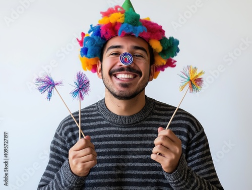 Photo of a happy Latin man wearing a colorful carnival hat and paper tape on his nose, holding two small wands in his hands against a white background. He is wearing a black and grey striped sweater.