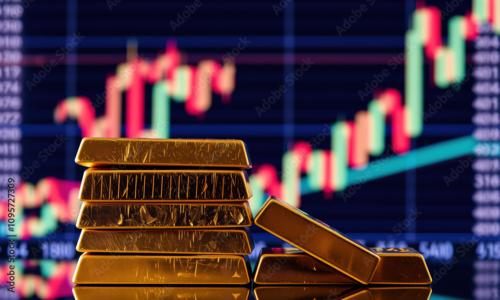 stack of gold bars in front of financial chart, symbolizing wealth and investment opportunities. vibrant colors of chart highlight market trends stack of gold bars in front of financial chart, symbolizing wealth and investment opportunities. vibrant colors of chart highlight market trends