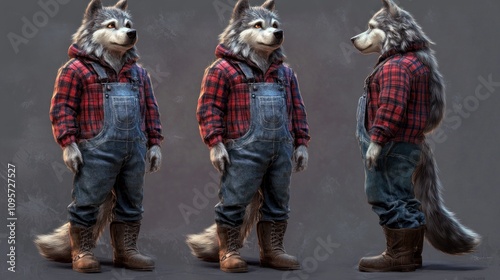 A stylized anthropomorphic wolf character wearing a plaid shirt and overalls.