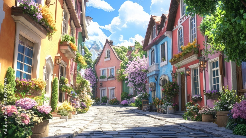 A charming street in a European town lined with colorful pastel buildings, flower boxes on windows, and blooming trees A charming street in a European town lined with colorful pastel buildings, flower boxes on windows, and blooming trees
