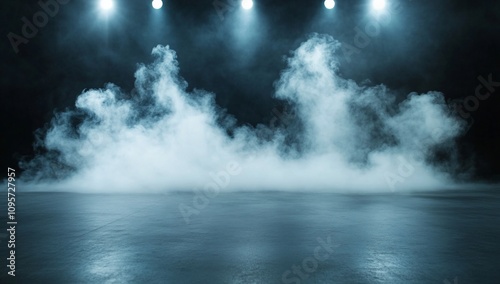 A foggy stage illuminated by bright lights, creating a dramatic atmosphere.