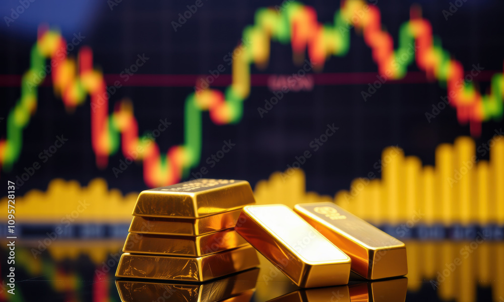 Gold bars stacked in front of financial chart, symbolizing wealth and investment opportunities. vibrant colors of chart reflect market trends Gold bars stacked in front of financial chart, symbolizing wealth and investment opportunities. vibrant colors of chart reflect market trends