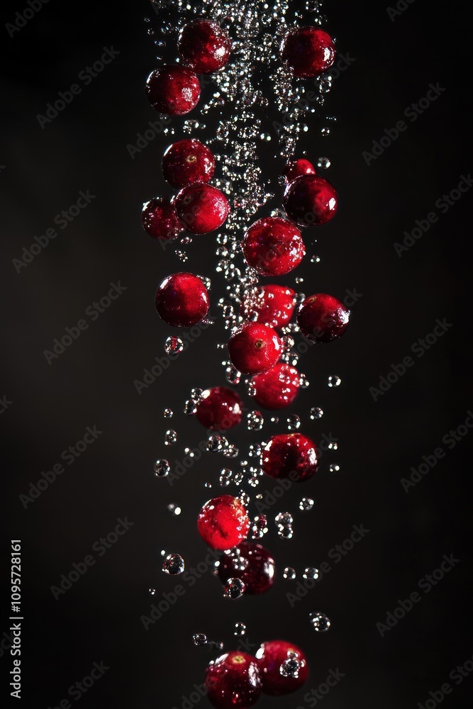 Bubbles rise among red cranberries in a dark setting, creating a dynamic visual effect. Bubbles rise among red cranberries in a dark setting, creating a dynamic visual effect.