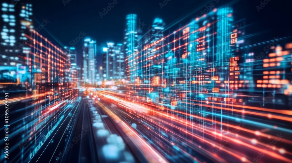 An abstract scene featuring a futuristic city with glowing holograms displaying business analytics, focusing on advanced technologies An abstract scene featuring a futuristic city with glowing holograms displaying business analytics, focusing on advanced technologies