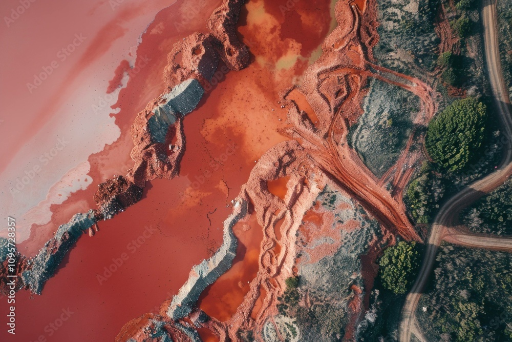 Naklejka premium Aerial view of unique red water lake surrounded by natural landscapes and earthy textures, showcasing vibrant colors and intricate patterns.