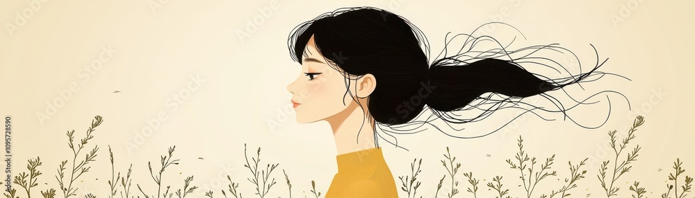 Naklejka premium Serene Girl Profile Windblown Hair Nature Background