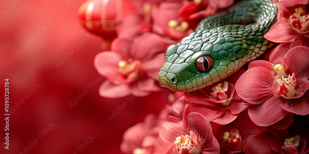 Cute green snake, Chinese new year celebration, orchid flower, red china lantern, red background. Cute green snake, Chinese new year celebration, orchid flower, red china lantern, red background.