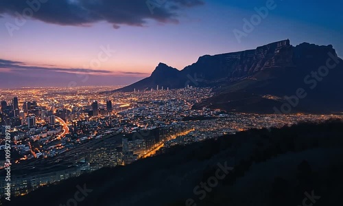 Cape Town cityscape at twilight with Table Mountain in the background.