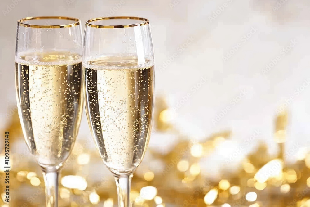 Two champagne flutes with bubbles on a gold and white background Two champagne flutes with bubbles on a gold and white background