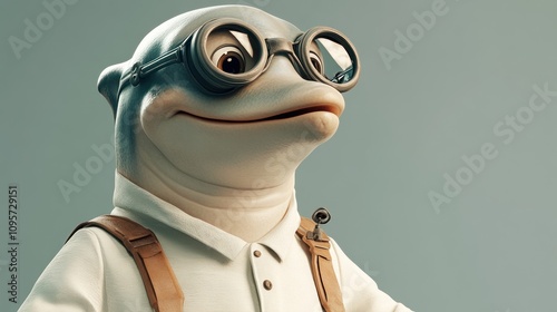 A whimsical character resembling a dolphin wearing glasses and a shirt, exuding a playful vibe. photo