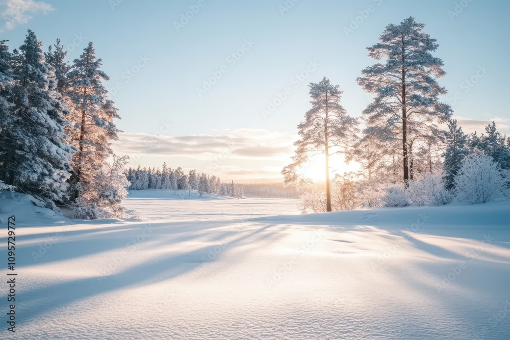 Beautiful winter landscape with snow-covered trees and a serene atmosphere Beautiful winter landscape with snow-covered trees and a serene atmosphere