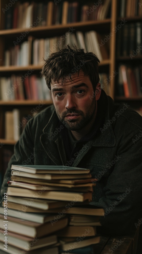 A contemplative person surrounded by a stack of books in a cozy library setting. A contemplative person surrounded by a stack of books in a cozy library setting.