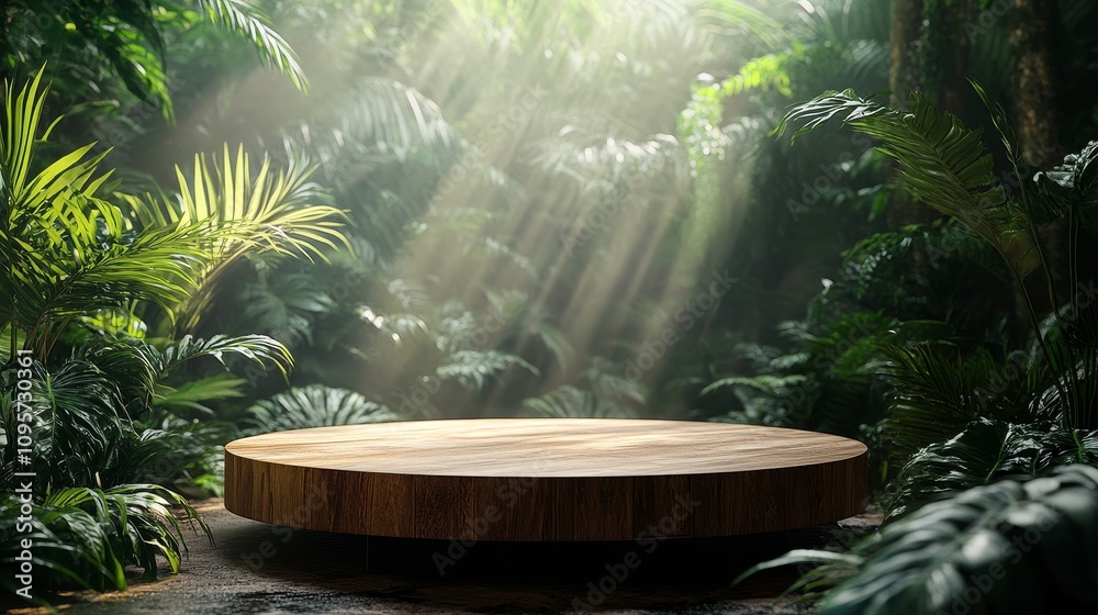 Wooden Podium in a Tropical Forest with Warm Diffused Light from Above, Perfect for Natural Product Presentation and Eco-Friendly Advertising Concepts Wooden Podium in a Tropical Forest with Warm Diffused Light from Above, Perfect for Natural Product Presentation and Eco-Friendly Advertising Concepts