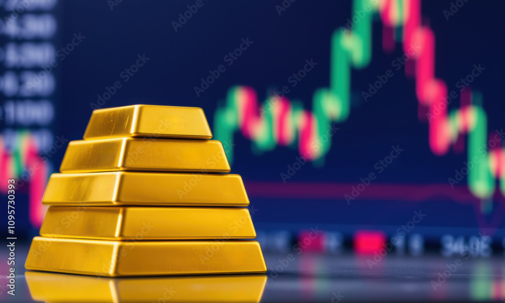 stack of gold bars in front of financial chart, symbolizing wealth and investment opportunities. shiny gold reflects prosperity and financial growth stack of gold bars in front of financial chart, symbolizing wealth and investment opportunities. shiny gold reflects prosperity and financial growth