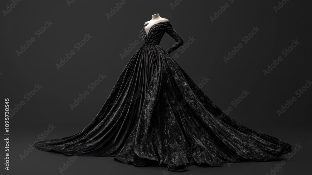 Elegant black evening gown with a flowing train displayed on a mannequin. Elegant black evening gown with a flowing train displayed on a mannequin.