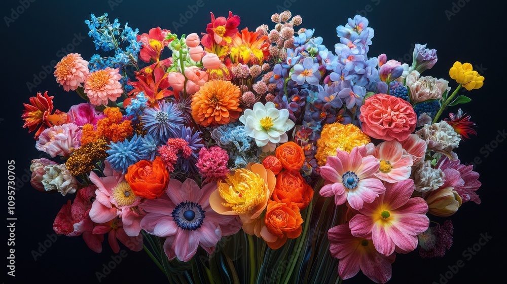 A vibrant bouquet of assorted flowers in various colors and shapes.