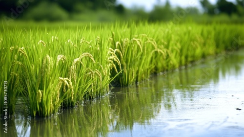 Rice plants in paddy field with water reflection, agricultural scene