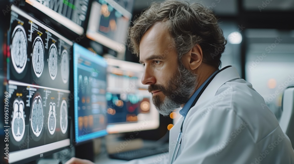 In a medical laboratory, a physician examines brain imaging on monitors to make a diagnosis In a medical laboratory, a physician examines brain imaging on monitors to make a diagnosis