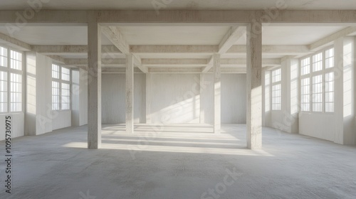 A spacious, minimalistic room with concrete pillars and large windows allowing natural light.