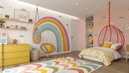 Cheerful children's bedroom with rainbow decor and cozy elements