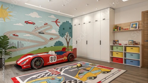 Colorful children's playroom with race car theme